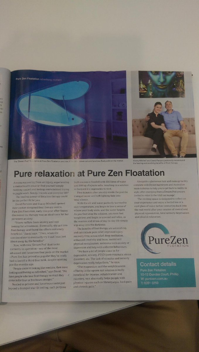 We're proud to say that Pure Zen Flotation is in the week's Canberra Weekly magazine!