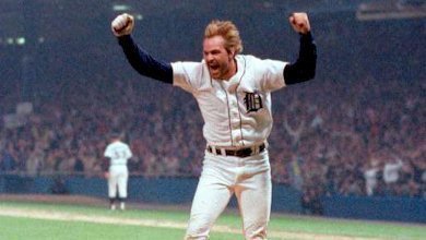 TigersHistory's tweet photo. #OTD in 1984 Kirk Gibson's 3-run blast in Game 5 gives the #Tigers a crowning moment to a championship season   
https://t.co/NsWHkaEGr0