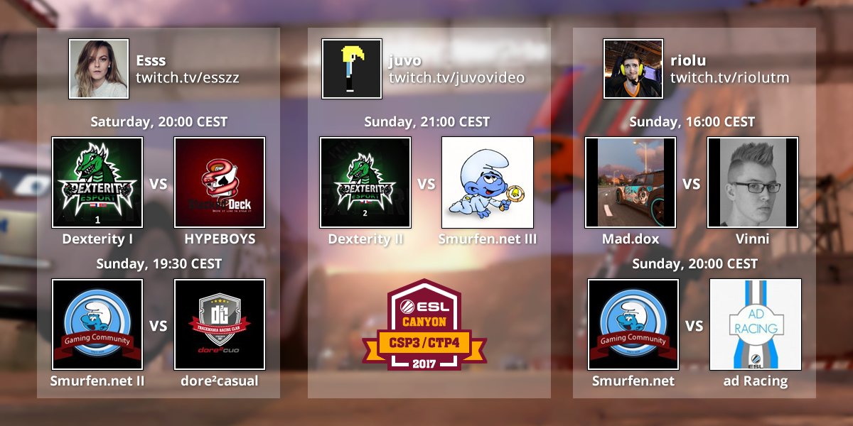 More <a href="/TrackMania/">Trackmania</a> Canyon action today on <a href="/ESL/">ESL</a>! Watch Mad.dox vs Vinni and all three team matches LIVE on stream! Have a great Canyon Sunday!