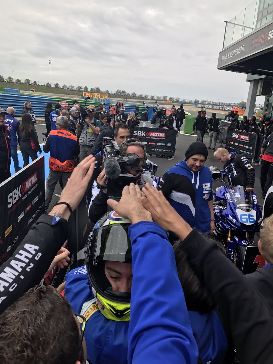 yamaharacingcom's tweet photo. Great race! @NikiTuuli celebrates his maiden victory &amp; Caricasulo his 3rd podium of the #WorldSSP season! #YamahaRacing #FrenchWorldSBK https://t.co/BaZnYp7PcQ