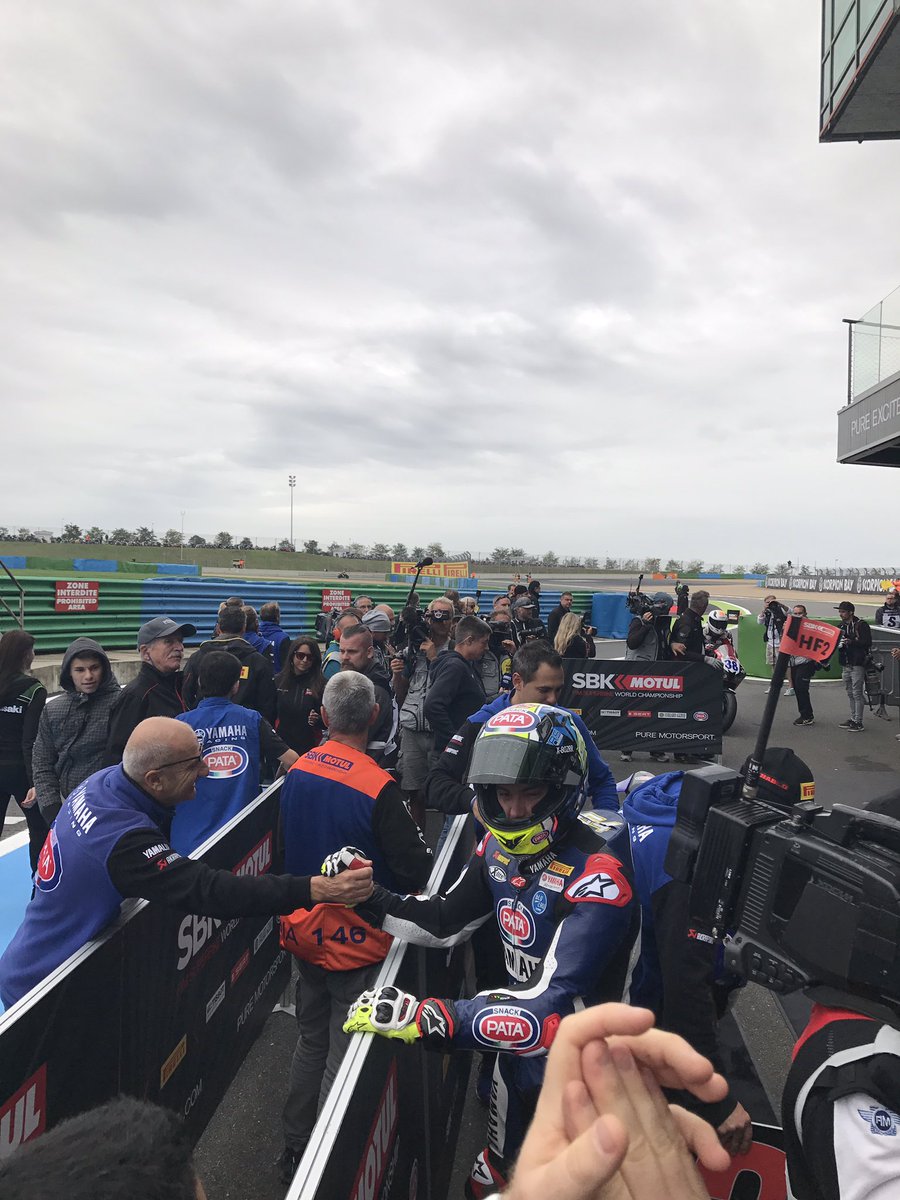 yamaharacingcom's tweet photo. Great race! @NikiTuuli celebrates his maiden victory &amp; Caricasulo his 3rd podium of the #WorldSSP season! #YamahaRacing #FrenchWorldSBK https://t.co/BaZnYp7PcQ