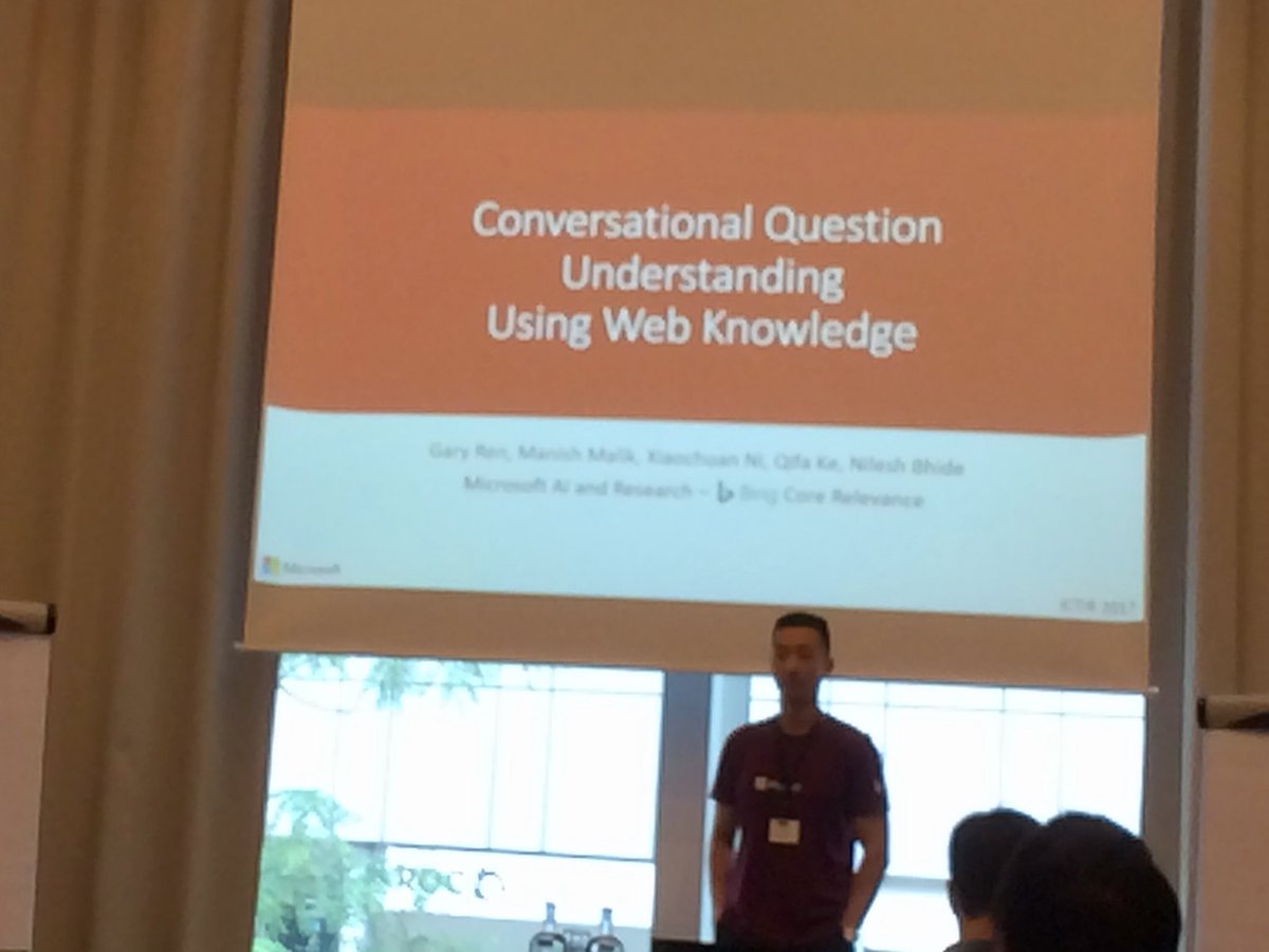 m__dehghani's tweet image. Gary Ren from @MSFTResearch is giving a talk on “Conversational Question Understanding” at #scai2017. #ictir2017