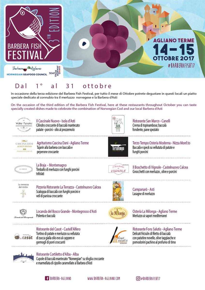 BarberaAgliano's tweet photo. Da oggi anteprima del #barberafish17 in 13 ristoranti. L'elenco qui https://t.co/iNzFoI9iHR #food #wine #barbera #norge #cod #unesco https://t.co/RT8Ib1FctR