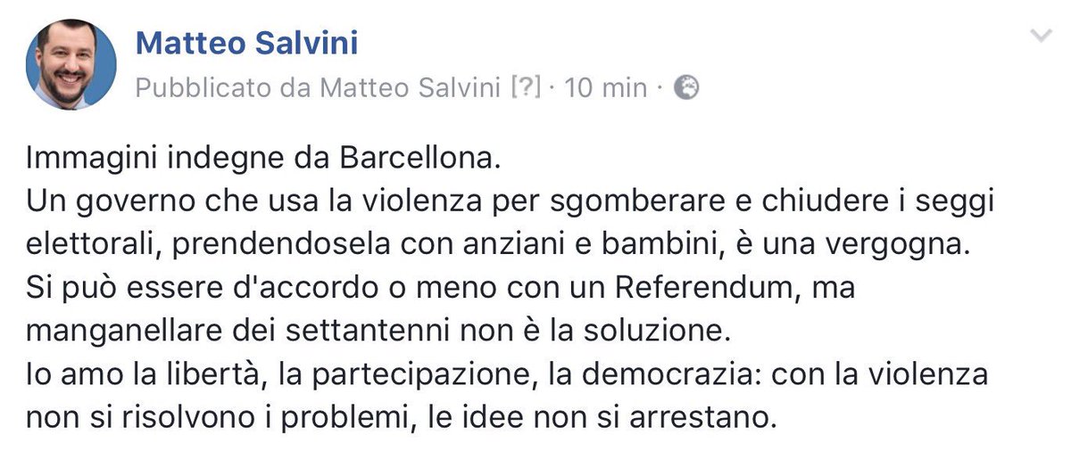 matteosalvinimi's tweet photo. Immagini indegne. Si può essere d'accordo o meno con un Referendum, ma manganellare dei settantenni non è la soluzione.
#Catalogna https://t.co/FdkpPshByZ