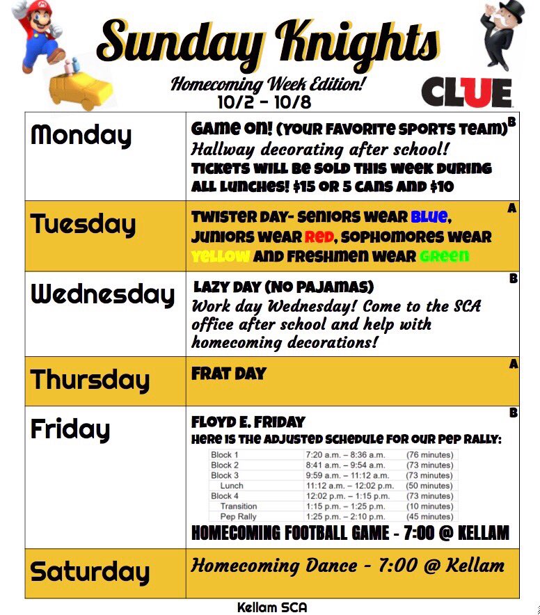 KHS_SCA's tweet photo. This weeks schedule!! It’s homecoming week!!!!! https://t.co/I61oe0vyKT