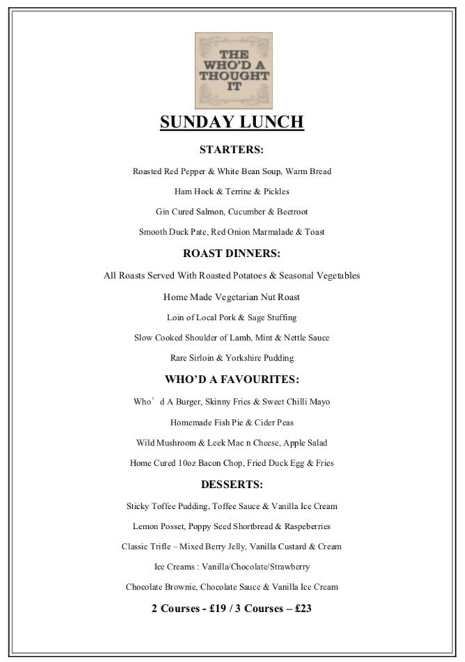 TheWhodA's tweet photo. Look what's on the menu today...serving 12pm-4pm. 2 courses - £19, 3 courses - £23. #sundaylunch #gastropub #mouthwatering https://t.co/vrOnhT9m9p