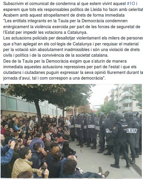 Subscrivim comunicat de condemna del que estem vivint aquest #1O i esperem que tots els responsables polítics de Lleida ho facin