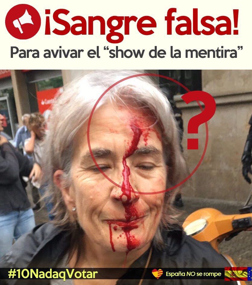 edeapie's tweet photo. Por favor difundir esto, esta mujer sale con sangre falsa para crear el caos en Barcelona. #CatalanReferendum #1OctARV https://t.co/WEACmR73AD