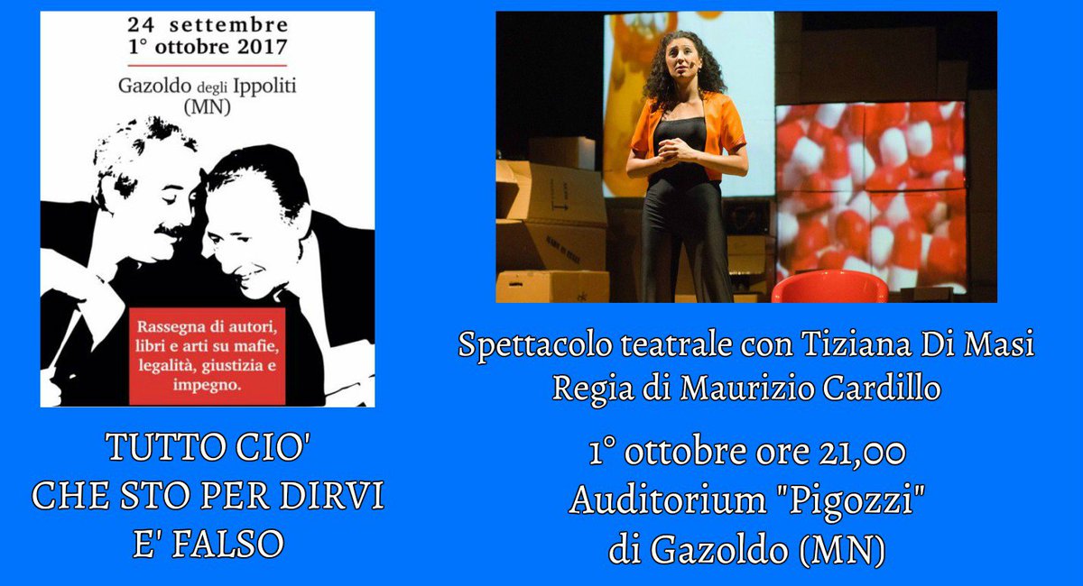 avvisopubblico's tweet photo. Evento di chiusura di #RLM2017. Lo spettacolo teatrale di @TizianaDiMasiAt "Tutto ciò che sto per dirvi è falso" @comunegazoldo https://t.co/r1lPphhKbU
