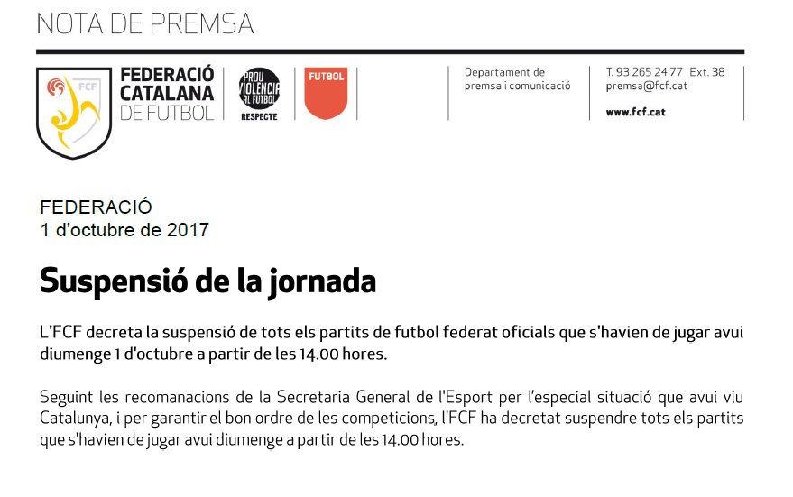 FCF_CAT's tweet photo. Comunicat oficial. Se suspenen tots els partits d'avui a partir de les 14.00 hores. https://t.co/dcoZm3iVZn