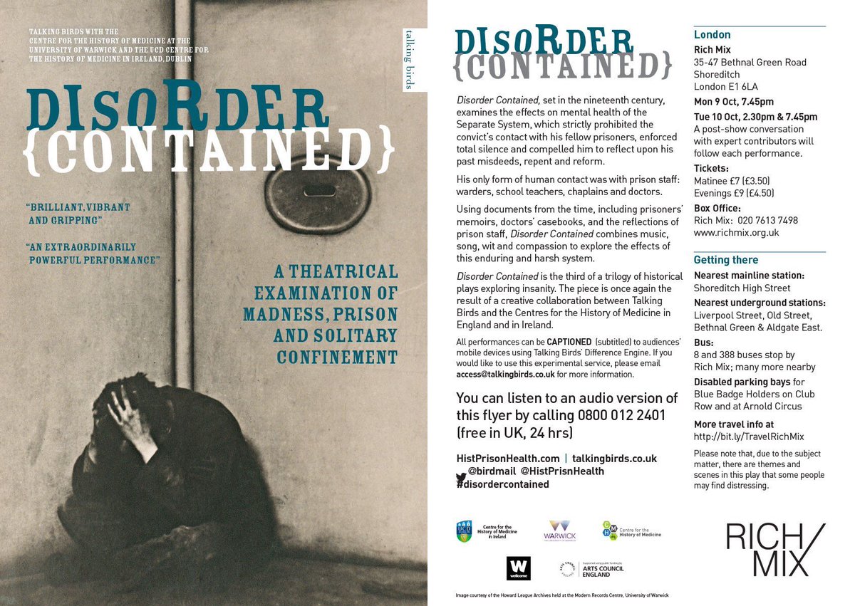 birdmail's tweet image. .@itc_arts we're in London w/DisorderContained @RichMixLondon 9&amp;amp;10 Oct #prison #theatre ow.ly/lbGN30fk9iu BOOK ow.ly/RRXm30fk9pd