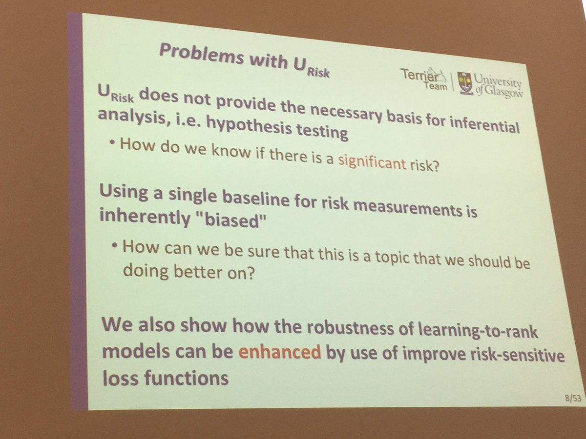 frrncl's tweet photo. #learner2017 #ictir2017 @craig_macdonald on how to make risk-sensitive evaluation to identify significant risks and exploit them in LtR https://t.co/WiCAkIKn4x