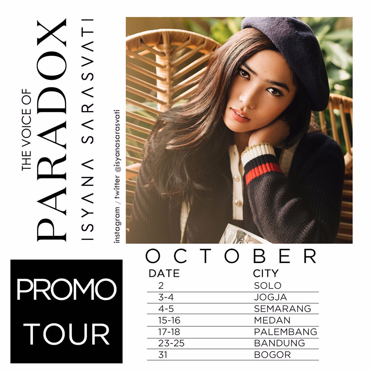 isyanasarasvati's tweet photo. Haay Isyanation! Dicatat tanggalnya ya dan sampai ketemu di kota2 kalian bulan Oktober ini!!😁 #IsyanaSarasvatiPARADOX https://t.co/vPXuoa4Mz5