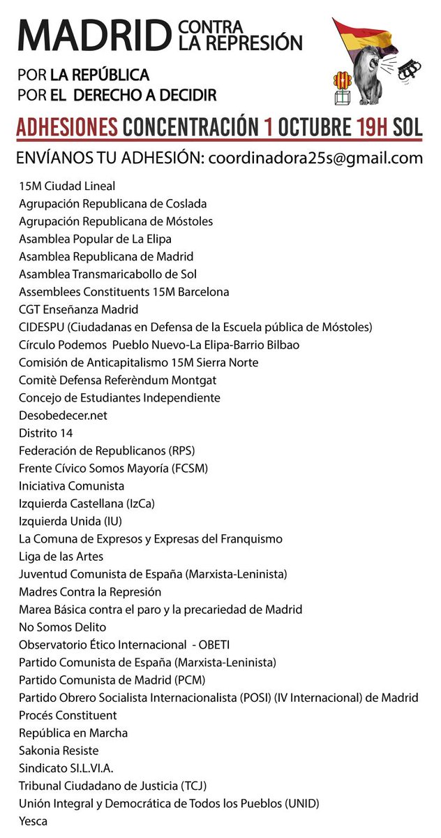 Coordinadora25S's tweet photo. Casi 40 colectivos esta tarde en #MadridASolContraLaRepresión a las 19h 
#1Oct #CatalanReferendum https://t.co/uc1kt1fd8p