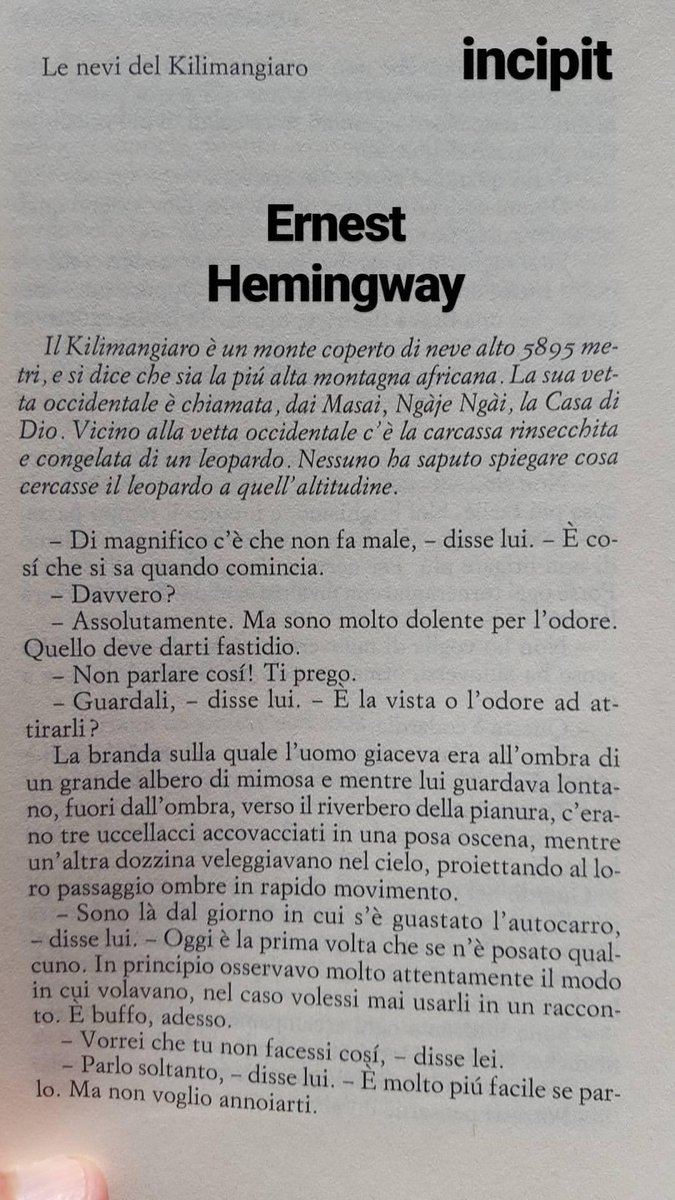 avideospento's tweet photo. #FotoIncipit Le nevi del Kilimangiaro di Ernest Hemingway https://t.co/XaYrC2tPAn