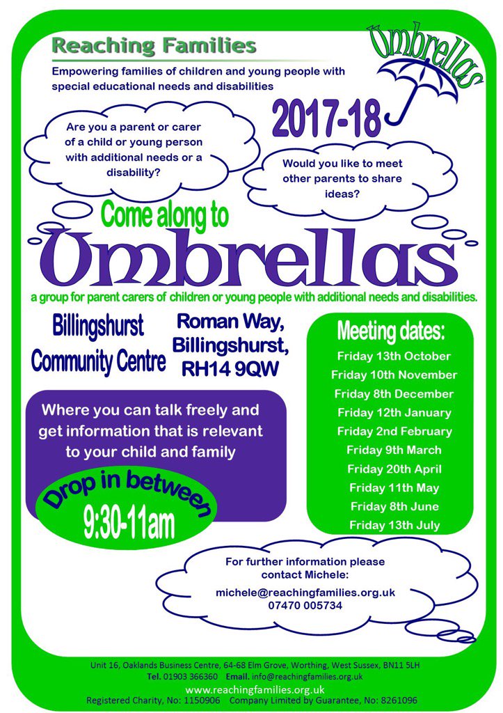 BillingshurstPC's tweet photo. Umbrellas. Empowering families of young people with educational needs &amp; disabilities @BilliCentre #Billingshurst https://t.co/3pwd7waTHh