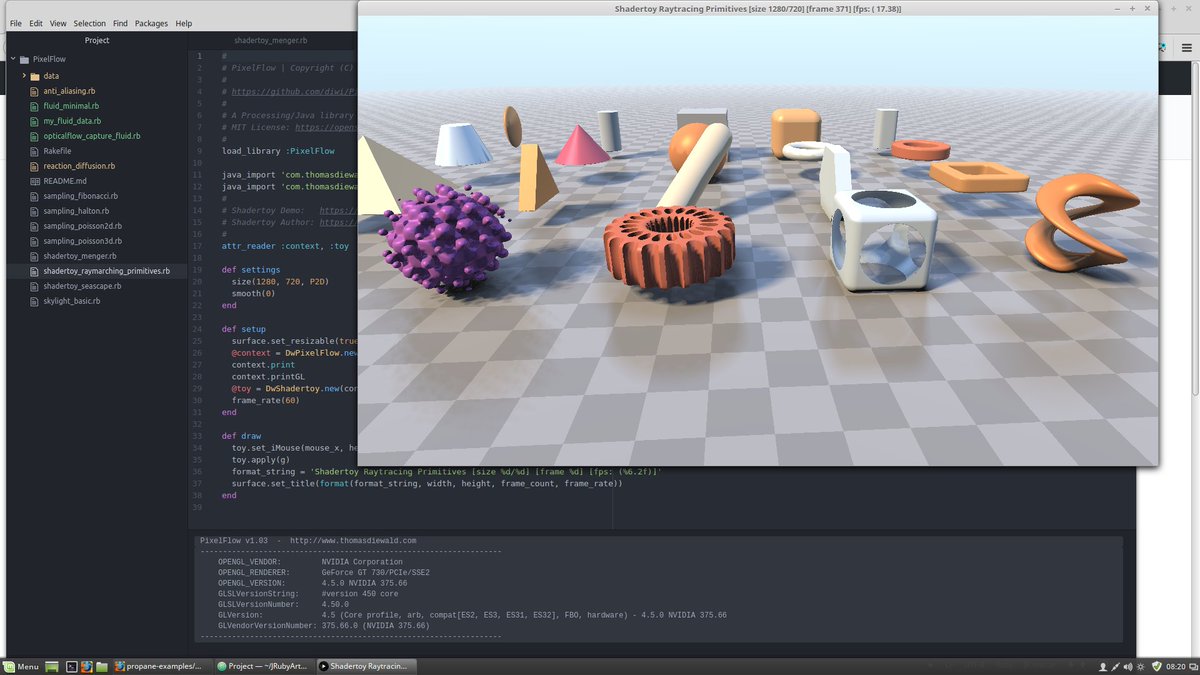 monkstoneT's tweet image. @processing_org @poqudrof @tyfkda #shadertoy demos in JRubyArt and propane using #pixelflow library