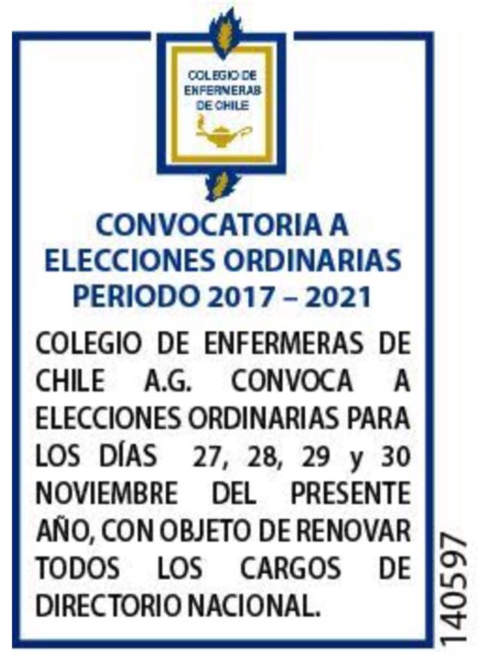 colegioenfermer's tweet photo. Comenzó proceso eleccionario Colegio de Enfermeras de Chile A.G. 2017-2021
Hoy fue publicado aviso  en diario de circulación nacional https://t.co/9oMwL07Uoz