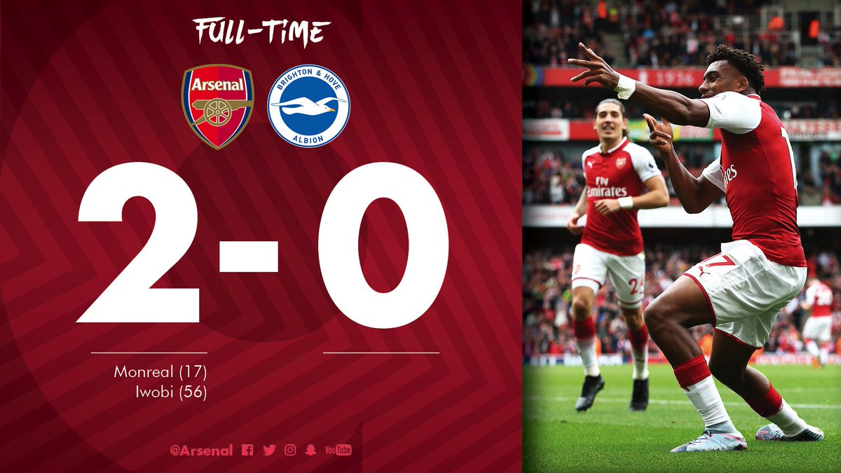 Full Time: Arsenal 2-0 Brighton

Tambahan 1 gol dibabak kedua dari <a href="/alexiwobi/">Alexander Iwobi</a> memastikan 3 poin utk Arsenal.