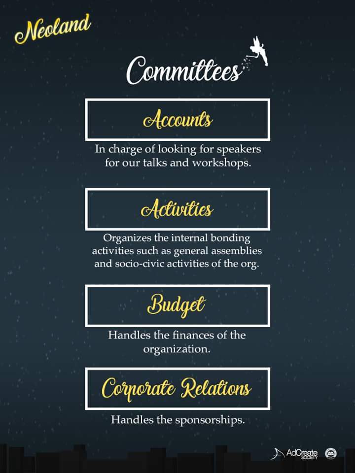 adcreatesociety's tweet photo. Choose your family from the different committees of AdCreate!
#NeoLand2017 https://t.co/3TTDoTOcGw