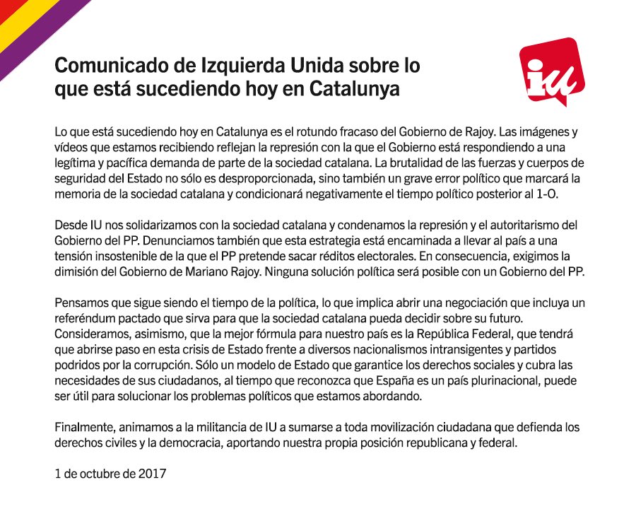 📢📝 Comunicado de Izquierda Unida sobre lo que está sucediendo hoy en Catalunya. #CatalanReferendum #RajoyDimisión
izquierda-unida.es/node/16797