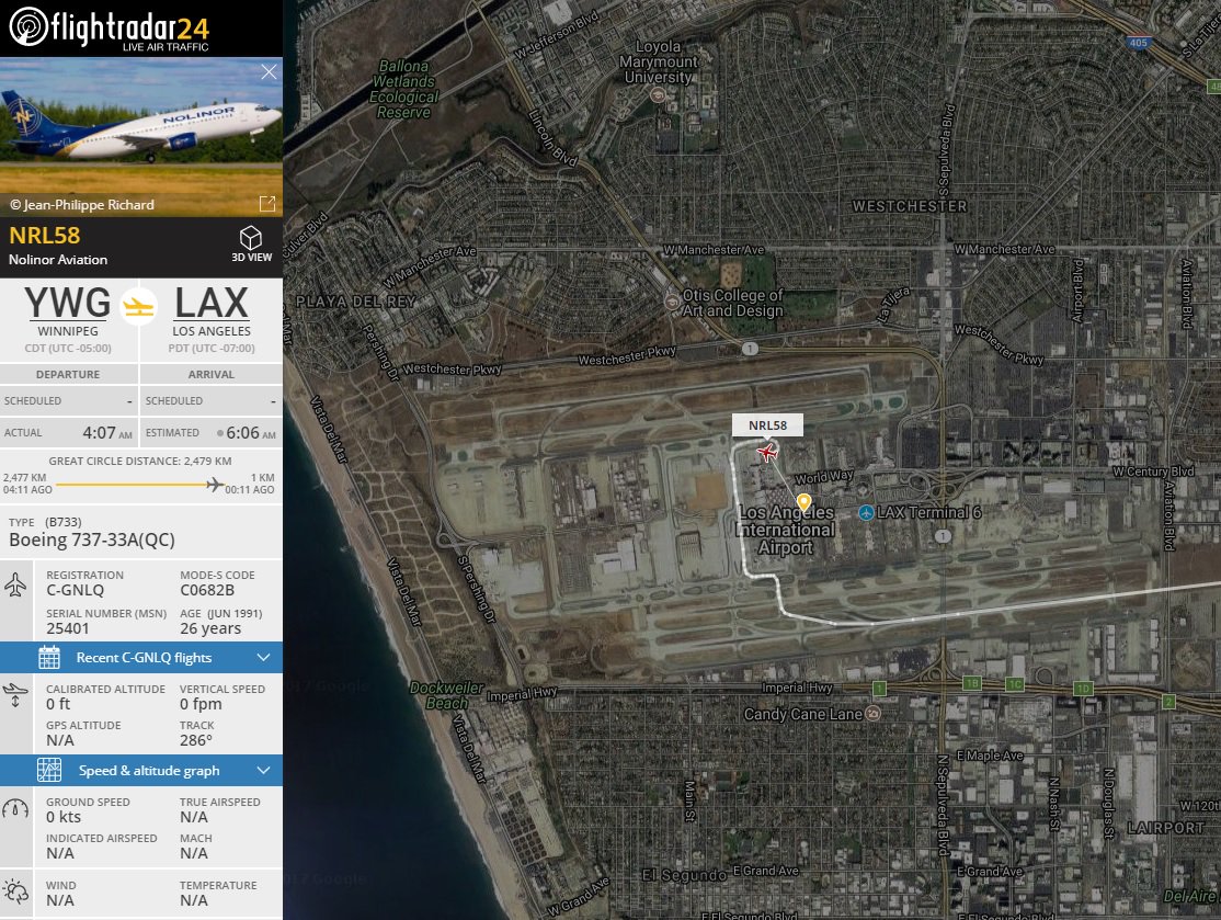 AirportWebcams's tweet image. First of two #AF66 relief flights from Goose Bay has now landed in LAX (Nolinor 737 C-GNLQ). Remainder will be on #DL9860 transiting via ATL