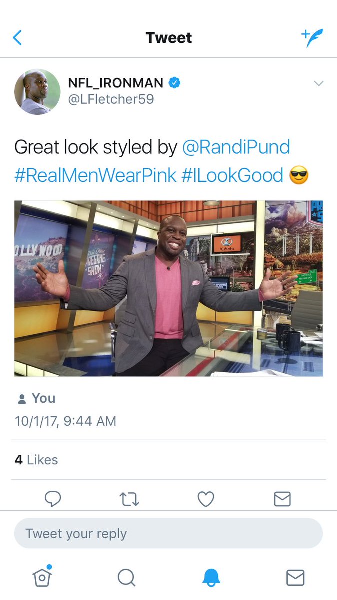 RandiPund's tweet photo. How sharp does @LFletcher59 look?! So much fun styling this #NFL legend for his Sunday shows! #retailtherapywithRandi #RealMenWearPink https://t.co/kk3C1jKU72