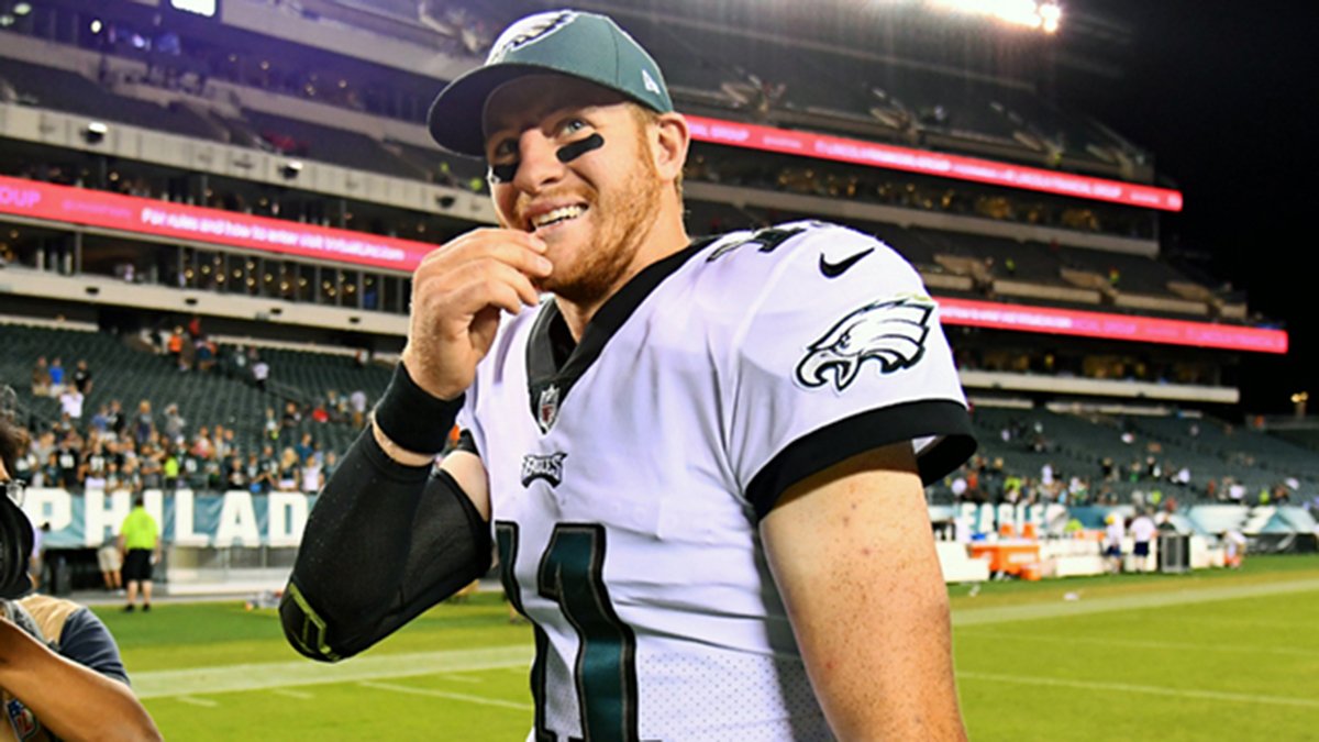 NBCPhiladelphia's tweet photo. Next on @Eagles #GameDayKickoff @cj_wentz wired for sound in the Birds thrilling home opening win: https://t.co/3qOtUNQKM4 #FlyEaglesFly https://t.co/qWlQBYNHei