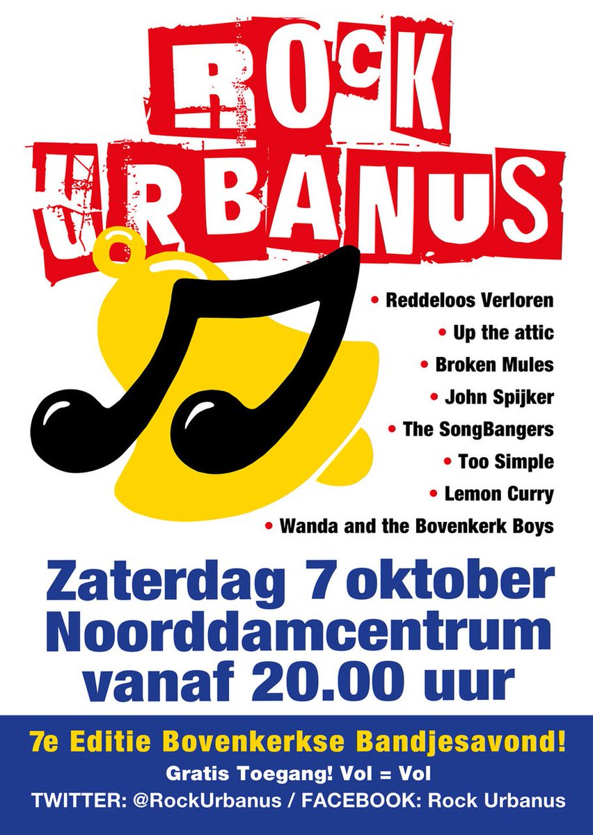 <a href="/amstelveen/">Amstelveen</a> willen jullie ons evenement delen? 7 okt. Rock Urbanus Noorddamcentrum #Amstelveen #coverbands facebook.com/bandjesavondro…