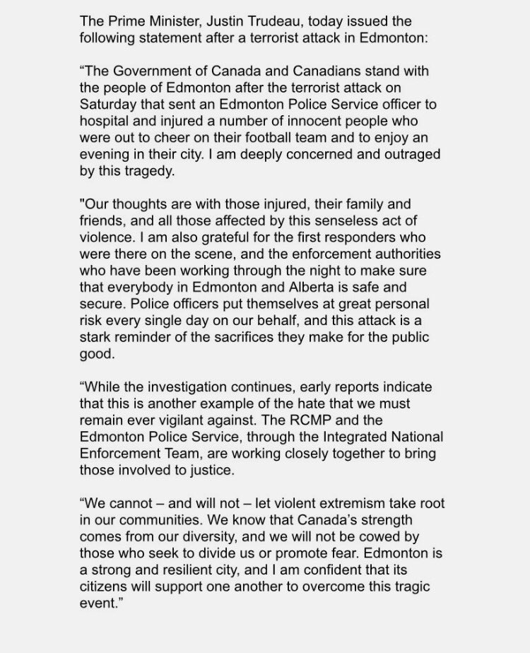 cspotweet's tweet photo. PM Justin Trudeau on Edmonton terror act investigation. #yeg https://t.co/DjbHBkZJvv