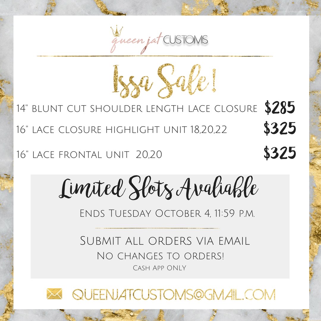 queenJAT_'s tweet photo. New month, new wig. Issa sale! 🎉save up to $100 on your unit! 🔥Shop #queenjatcustoms #thecustomway 👑 https://t.co/1PTVm0Eta9