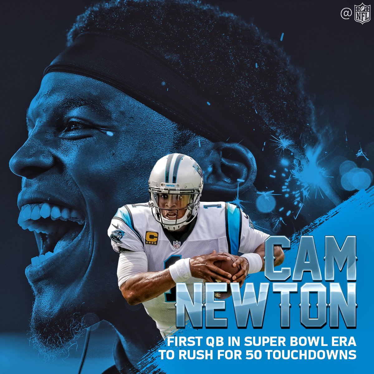 NFL's tweet photo. The first QB in the Super Bowl era with 50 CAREER RUSHING TDs!

Incredible, @CameronNewton. 👏👏👏 #KeepPounding https://t.co/yMEyB5fVD8