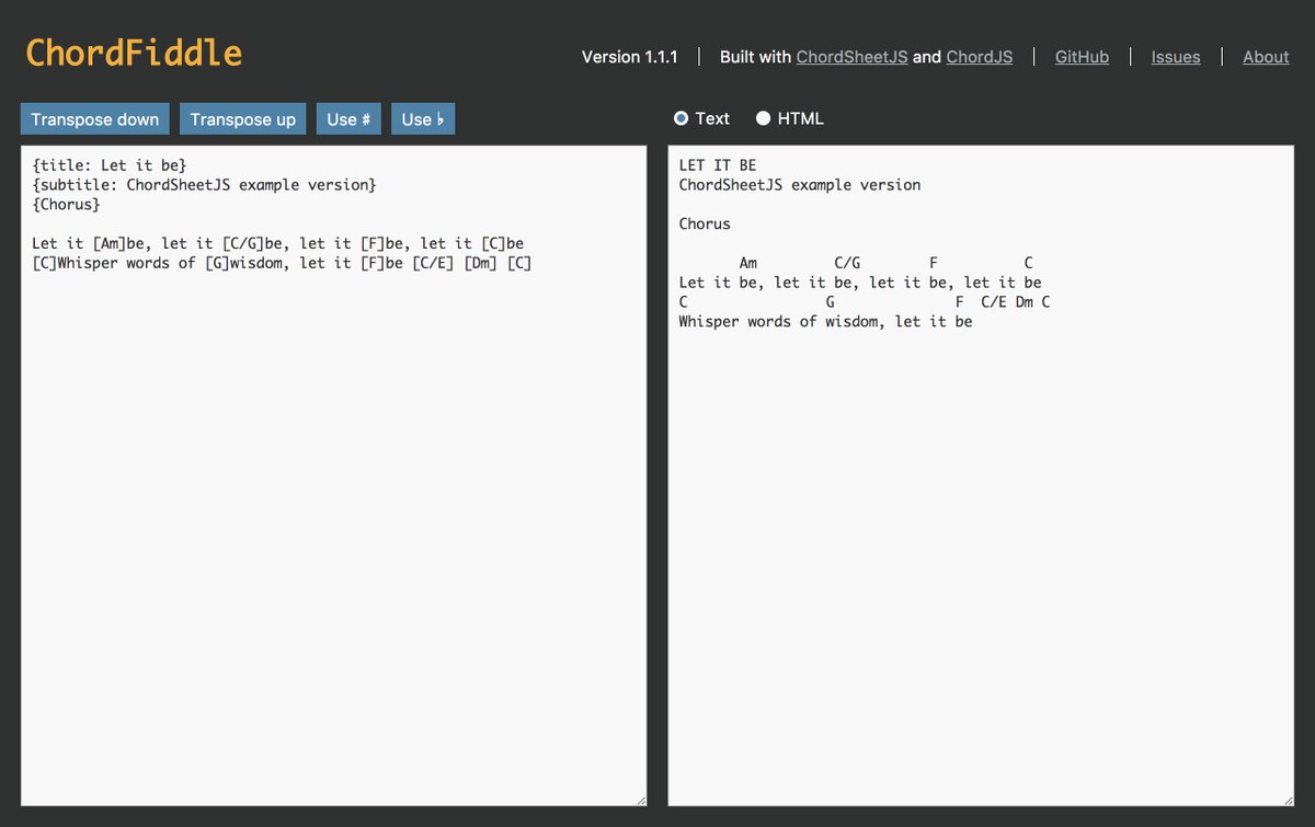 martijnversluis's tweet photo. ChordFiddle: a #javascript based #chordpro editor that can render a chord sheet, transpose & switch between ♯ and ♭ https://t.co/Zbv8Bw4e9y https://t.co/5u2XoplkR9
