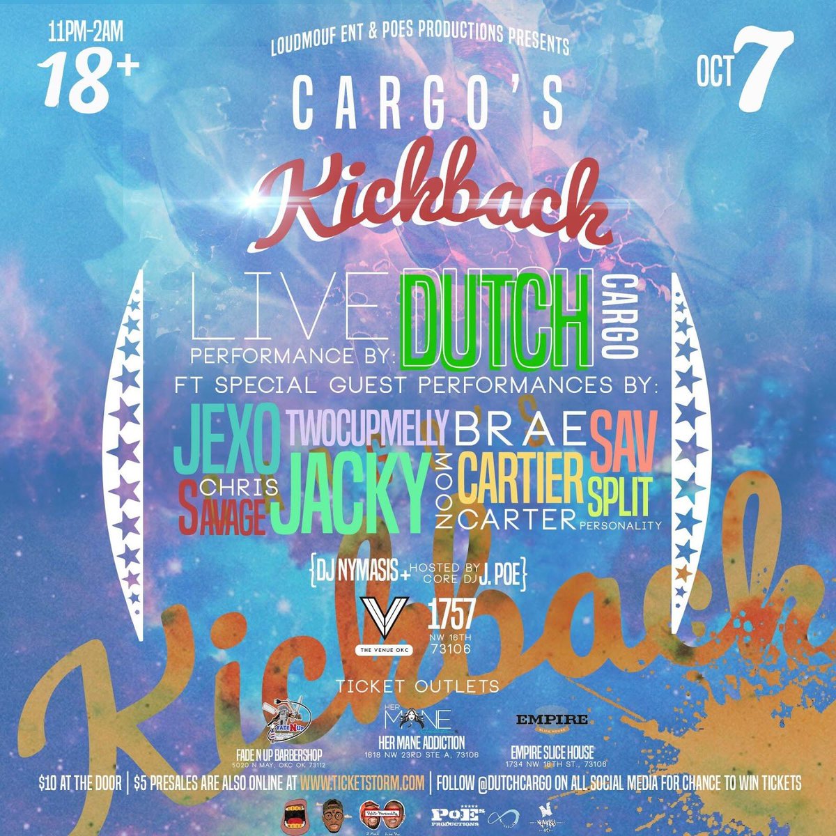 wOKelahoma's tweet photo. •10/7•
@Loudmoufent &amp; @PoesProductions present @DutchCargo's kickback 🔌
+ some of our favorite OK artists 🌟
🎟:https://t.co/CwDwCif4xS https://t.co/QWPnQmH8h9