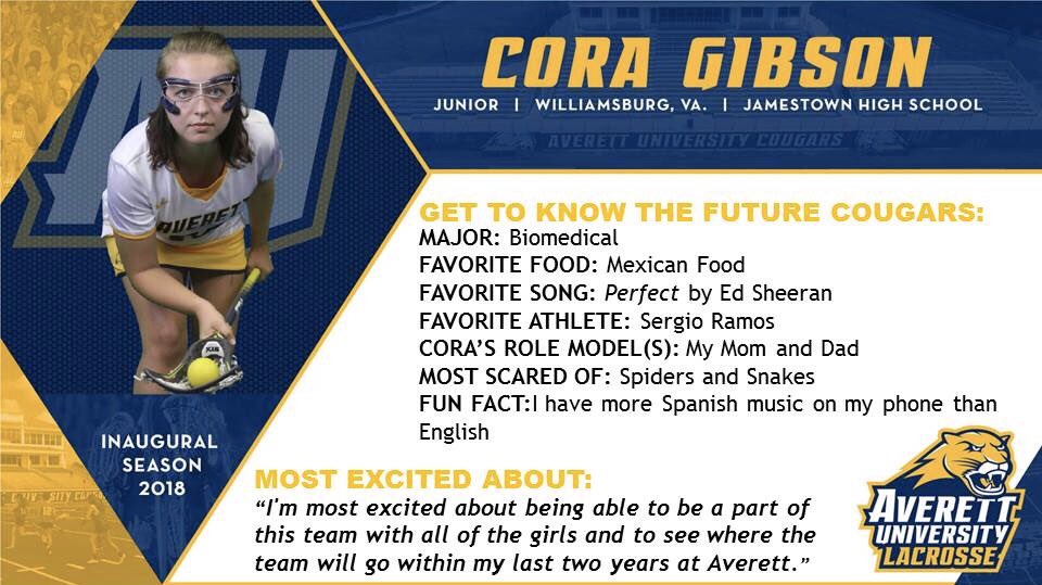 AverettWLax's tweet photo. INTRODUCING CURRENT COUGAR: Cora Gibson, Williamsburg, VA #prepare #leavealegacy #putonthejacket #lax #2018 #intensity https://t.co/OuY0PZ8991