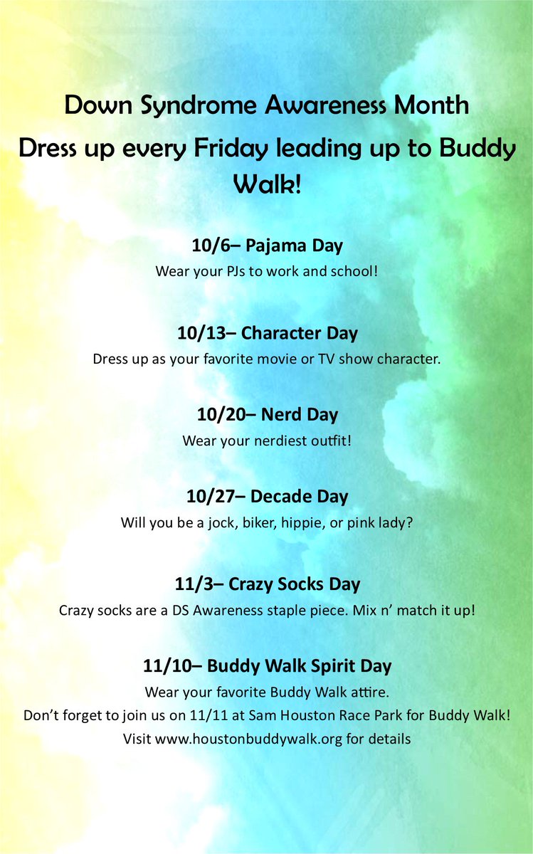 DSAHouston's tweet photo. Here is how we will celebrate #Dsam2017!! Dress up & celebrate with us leading up to #HouBuddywalk 2017!! Share pics with us!! https://t.co/v94DPA8yZ0