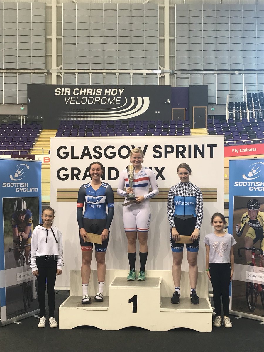 The <a href="/bilslandcycles/">Billy Bilsland Cycles</a> Women’s A Sprint Podium:
🥇<a href="/jesscrampton/">jessica crampton</a>, <a href="/mmucycling/">Man Met Cycling</a> 
🥈<a href="/_katiearchibald/">Katie Archibald</a> , @WNTTeam 
🥉@beckytrackchic, <a href="/The__Racers/">The Racers</a>