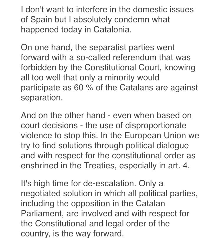 guyverhofstadt's tweet photo. It's high time for de-escalation. Only a negotiated solution is the way forward. Read my full statement on the #CatalanReferendum here https://t.co/v1OMgFJFIj