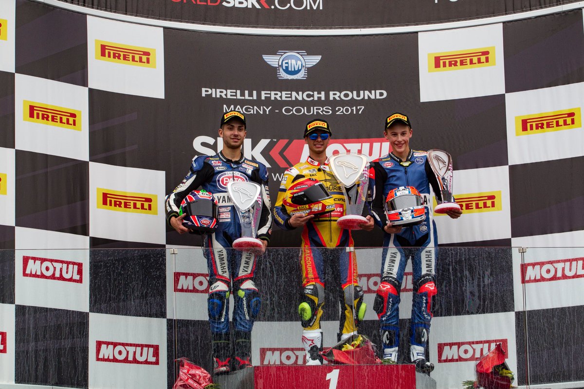yamaharacingcom's tweet photo. Blue was the colour in Magny-Cours on Sunday! 4 races, 7 podiums for Yamaha...what a day! #YamahaRacing #YamahaFamily #FrenchWorldSBK 🇫🇷 https://t.co/6VA10MlziR
