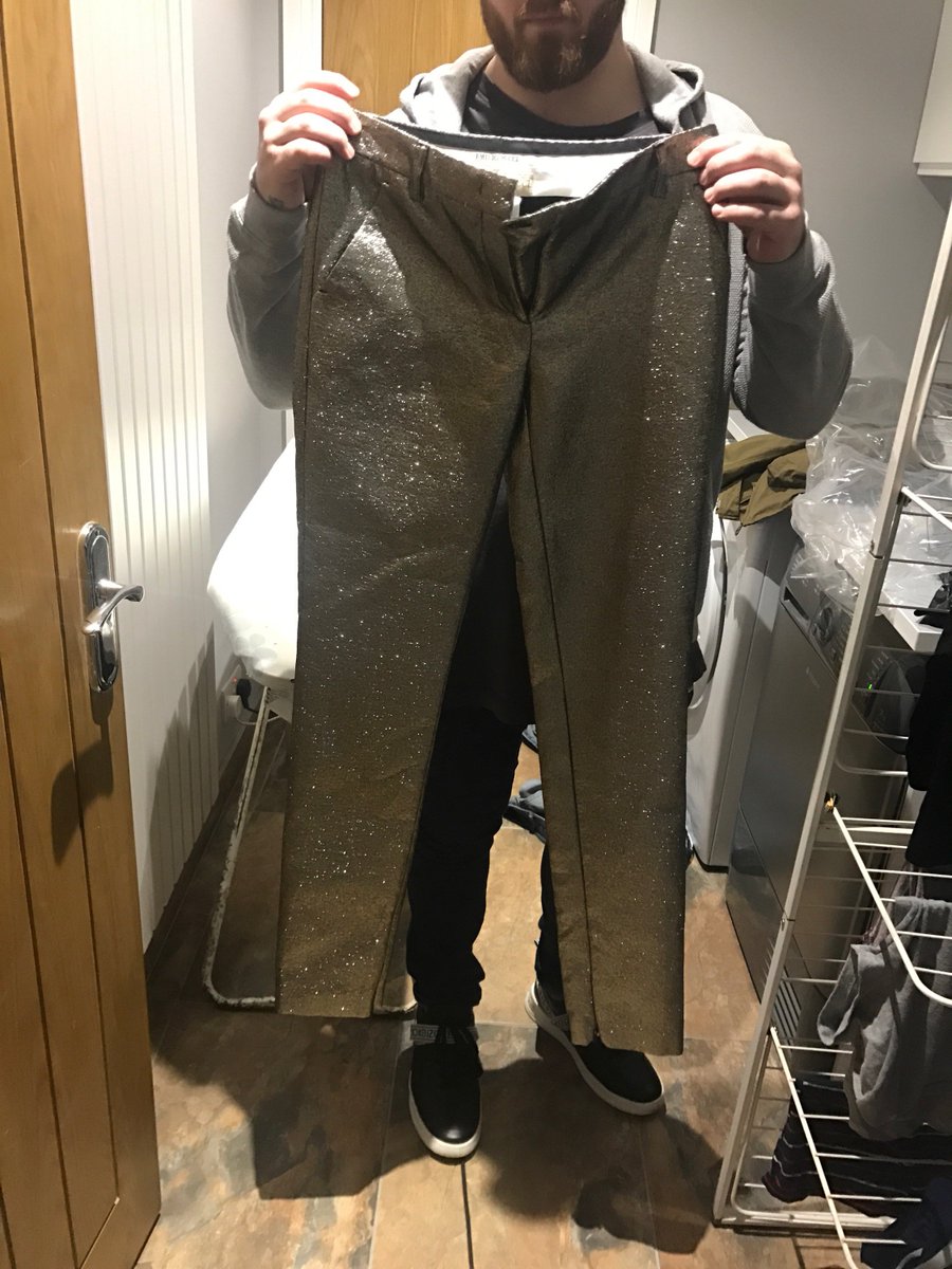 JohnnyRingwood's tweet photo. bought a mens navy suit off of @TKMaxx_UK but instead got a pair of sparkly women trousers come through. And now they won't refund me. Peak. https://t.co/kzK60lC9qs