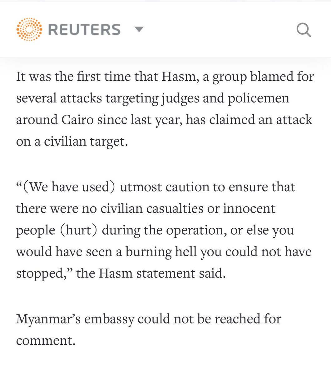 [Reuters: Egypt's Hasm militants claim attack targeting Myanmar embassy.]

Pls take care Myanmar Nationals around the world!