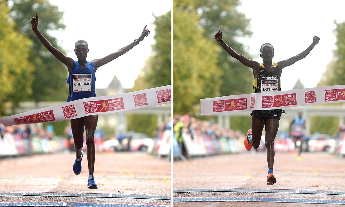 AthleticsWeekly's tweet photo. Edith Chelimo and John Lotiang break records at Cardiff Half Marathon... Catch up on today's action with our report: https://t.co/T2s0y2Ydw5 https://t.co/Zpd9xyPHdy