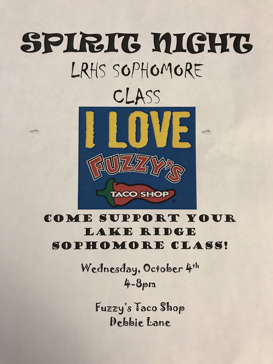 Come out this Wednesday to Fuzzy's from 4 to 8pm to help raise money for the Sophomore Class!! Don't forget to put your receipt in the box:)