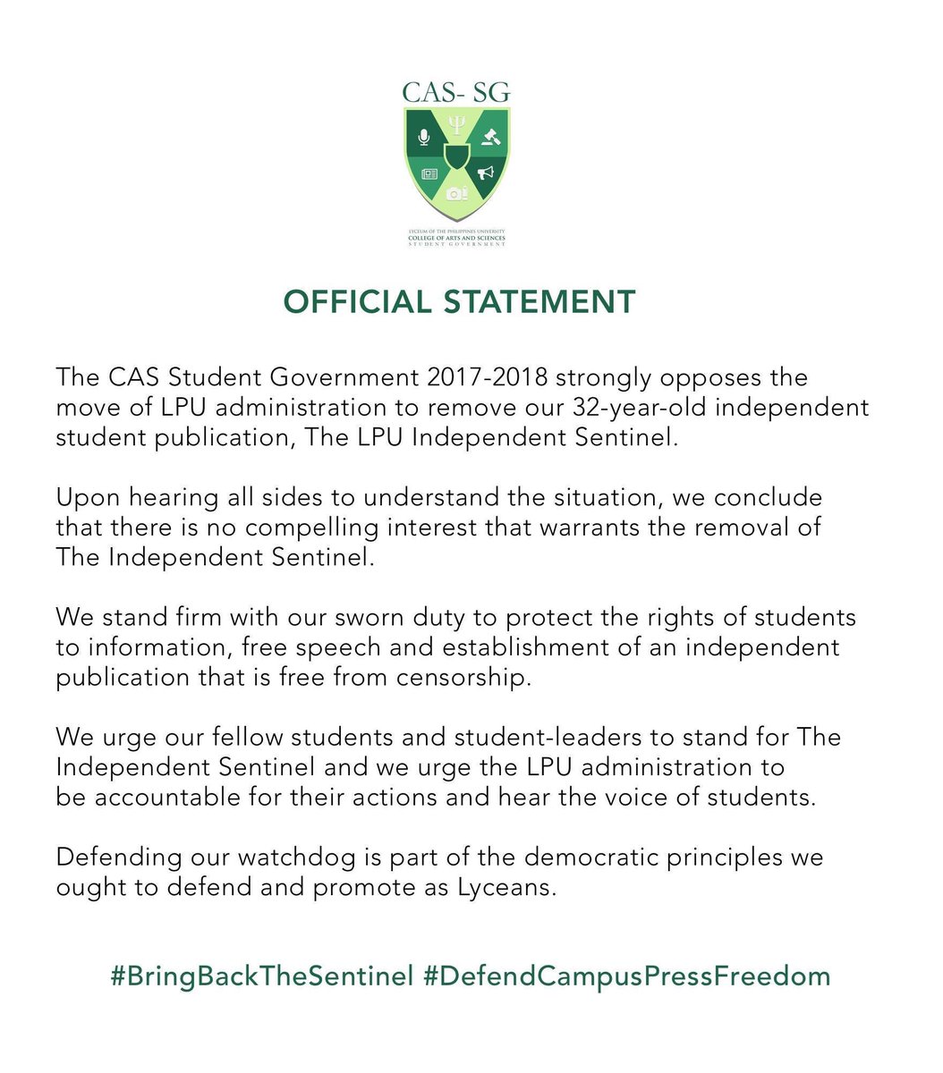 lpumnlcassg's tweet photo. #DefendTheSentinel #CampusPressFreedom #BringBackSentinel https://t.co/Ygp8FjlZFP