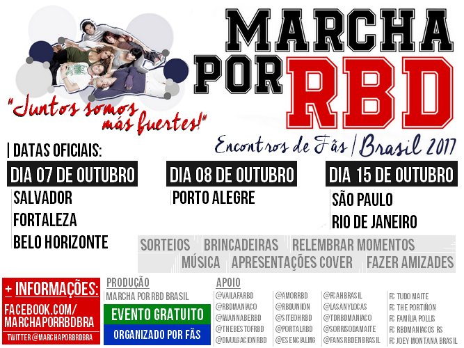 MarchaPorRBDBRA's tweet photo. DIA MUNDIAL DO #RBD 2017 | ENCONTROS DE FÃS - BRASIL | saiba mais: https://t.co/Db7g7UpWx6 RT https://t.co/4uJ3Vq2Ai8