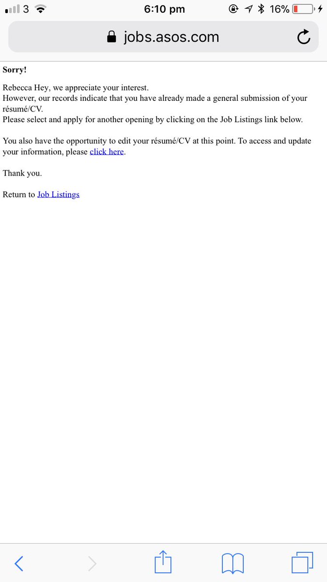 Rebecca_hey's tweet photo. @ASOS_Careers Hello I would like to apply for this job role but every time I apply online I get this back. https://t.co/TEpSKDwk6T