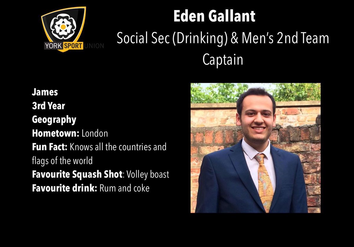 UniofYorkSquash's tweet photo. Introducing our new club committee for 2017-18!

First up, we have Eden, our Drinking Social Secretary and Men’s 2nd Team Captain. https://t.co/8k2LfcF0Li
