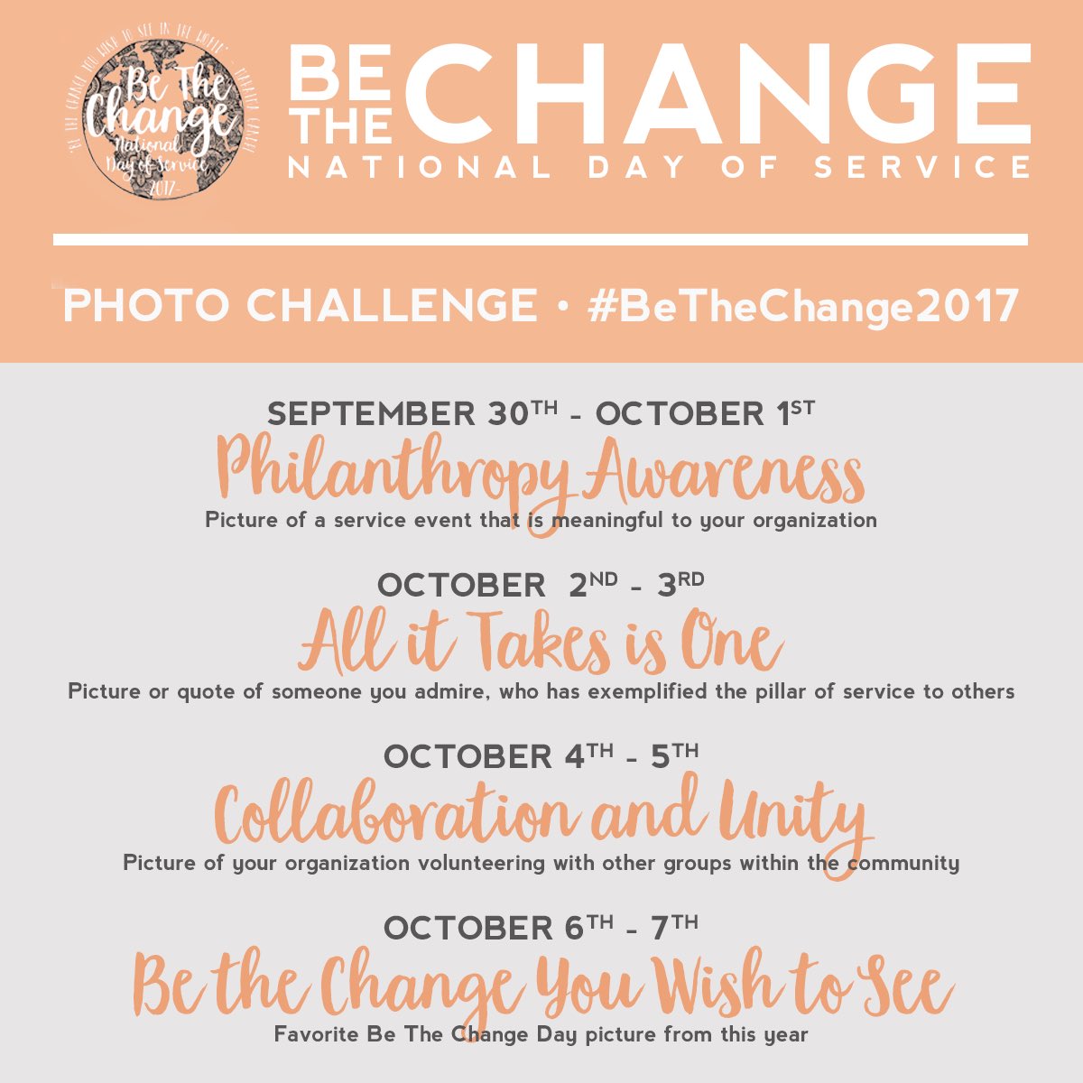 REMEMBER TO PARTICIPATE IN OUR PHOTO CHALLENGE! Tag us and use the hashtag #BeTheChange2017