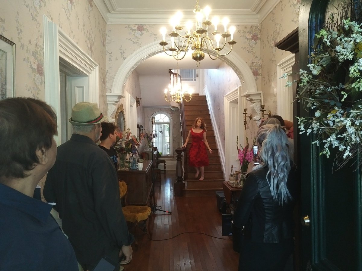thefableforest's tweet photo. #OnSet of #MyHuntsvilleMuse in Stratford! Hair/Makeup/Wardrobe ready! So we gather to watch @AlanaPancyr practise flitting down the stairs! https://t.co/LKzhl2gGR4