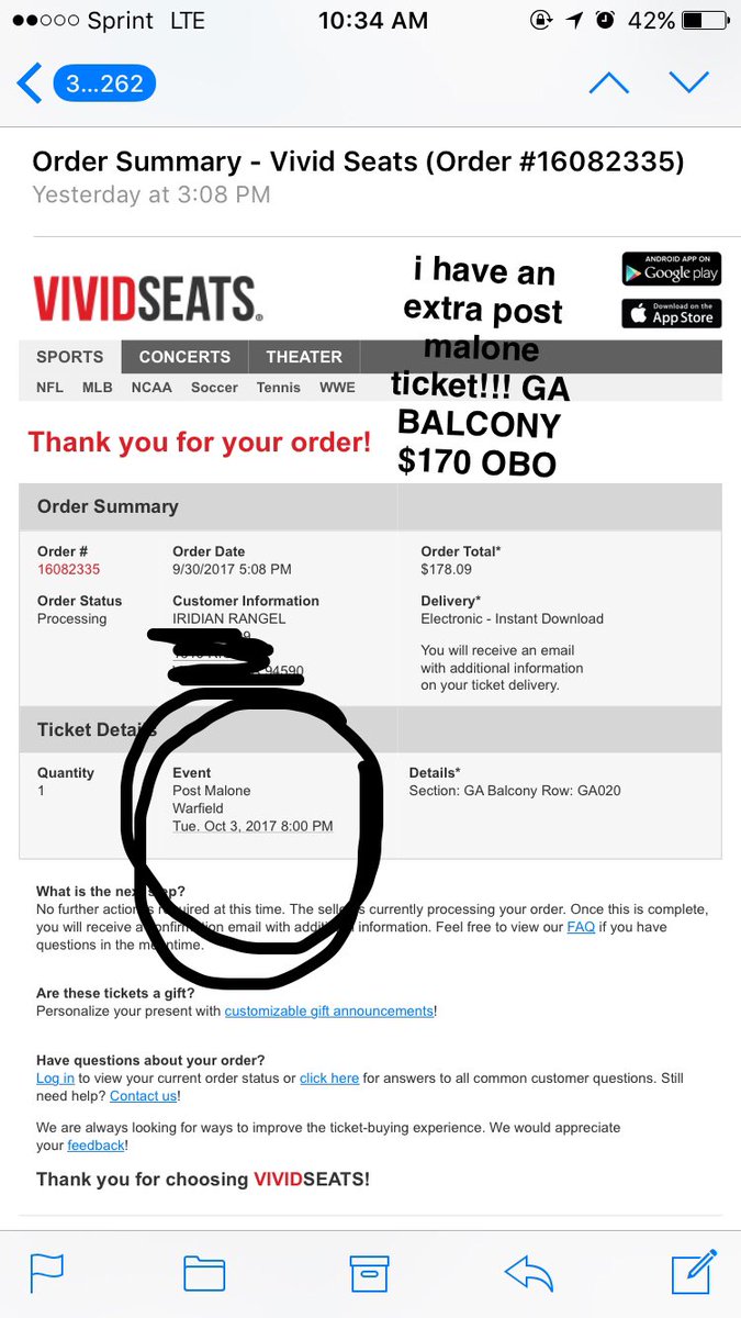 irisponsler's tweet photo. i've got an extra to ticket to post malone this tuesday‼️hmuuuuu 170 obo #PostMalone #warfieldsf https://t.co/gCsoMiPTBf